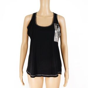 Vintage Y2K Trussardi Jeans Metallic Silver Text Logo Graphic Black Tank Top